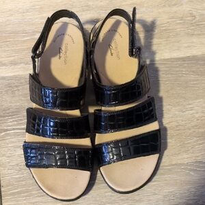 Clarks Black Croc-Embossed Strappy Velcro Sandals
